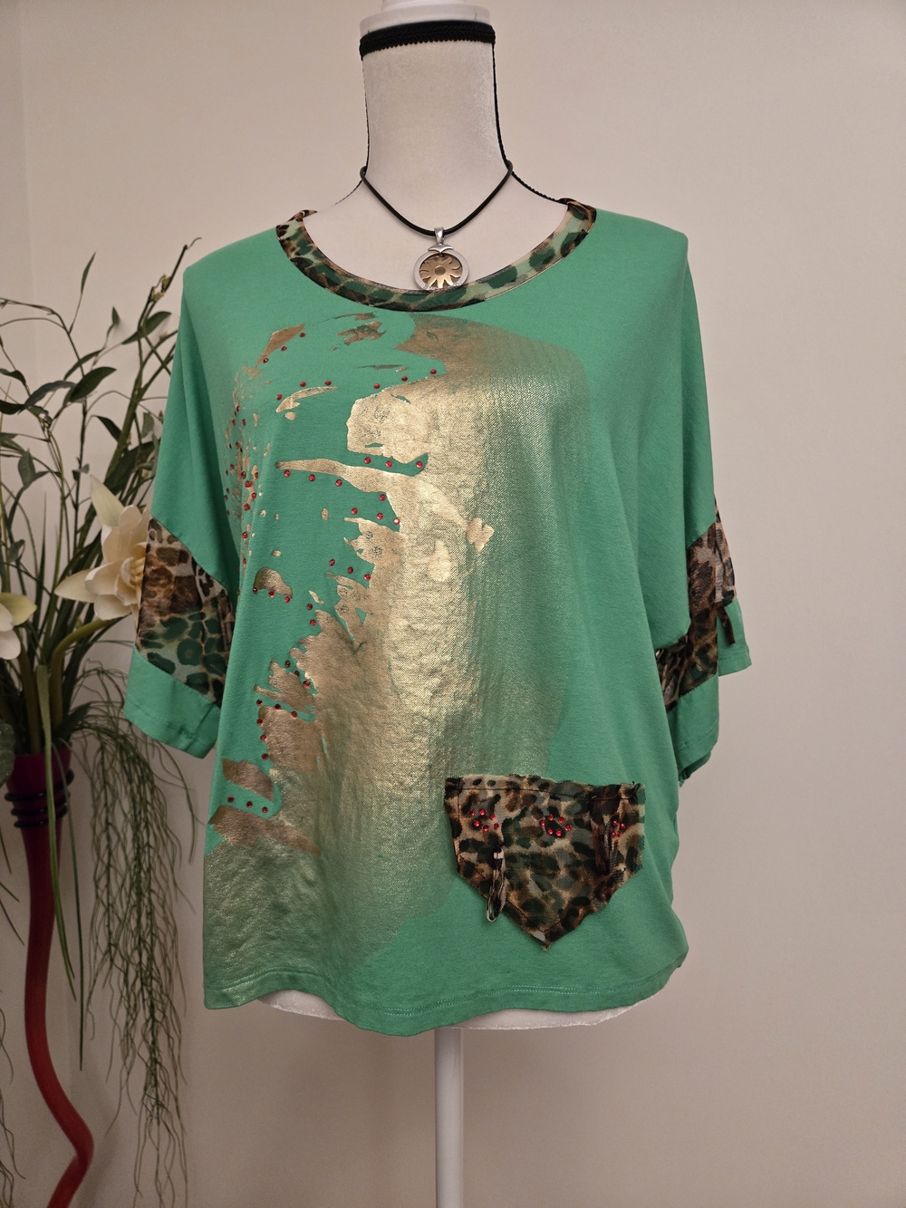 C&MARNI Green Gold Foil Leopard Top Braided Ladder CutoutBack Rhinestone Size 46
